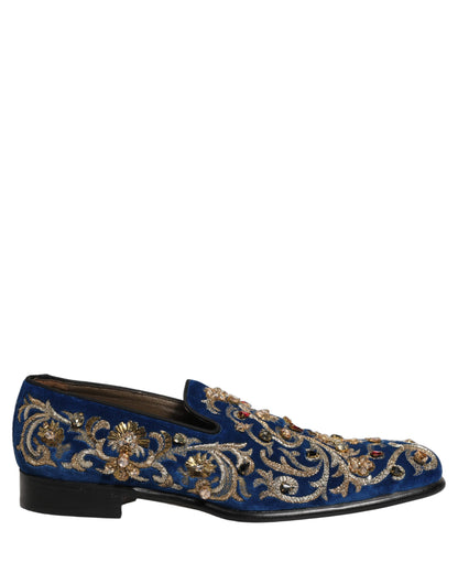 Dolce & Gabbana Blue Velvet Embellished Dress Loafers Shoes