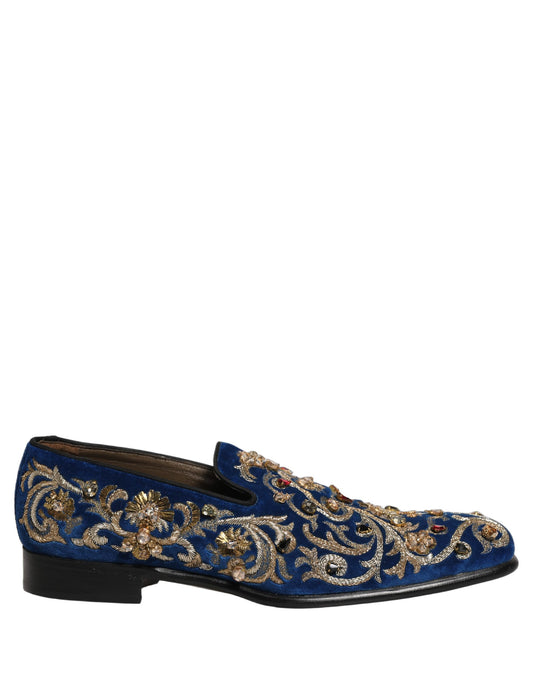 Dolce & Gabbana Men's Leather & Velvet Loafer Slip-On Shoes - Blue Gold