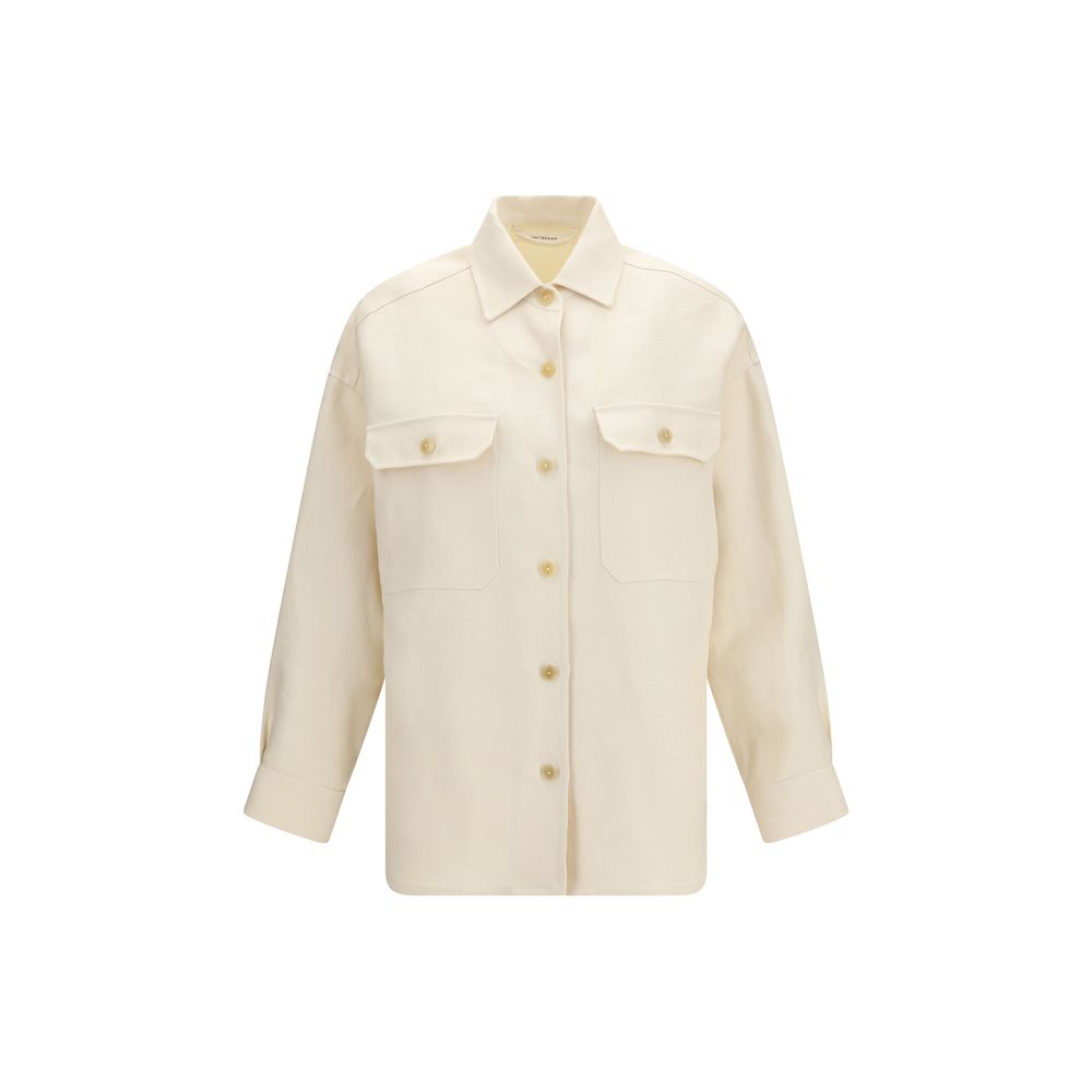 Overshirt by Umit Benan for women in linen beige, horn & natural showcases a sharp silhouette, elegantly detailed with a sharp and sharp long-sleeve.