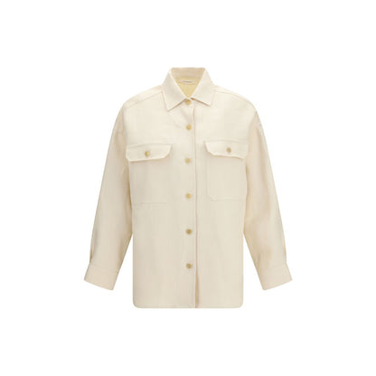 Overshirt by Umit Benan for women in linen beige, horn & natural showcases a sharp silhouette, elegantly detailed with a sharp and sharp long-sleeve.