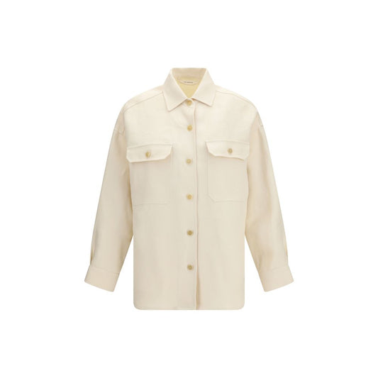 Overshirt by Umit Benan for women in linen beige, horn & natural showcases a sharp silhouette, elegantly detailed with a sharp and sharp long-sleeve.