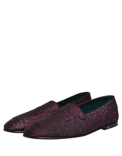 Dolce & Gabbana Maroon Glitter Lurex Logo Dress Loafers Shoes