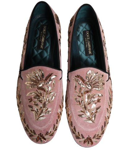 Dolce & Gabbana Pink Velvet Floral Embroidery Loafers Shoes