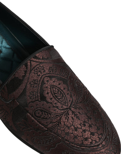 Dolce & Gabbana Maroon Jacquard Leather Slip On Loafers Shoes