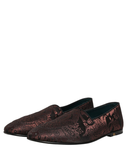 Dolce & Gabbana Maroon Jacquard Leather Slip On Loafers Shoes
