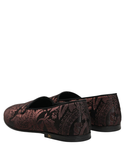 Dolce & Gabbana Maroon Jacquard Leather Slip On Loafers Shoes