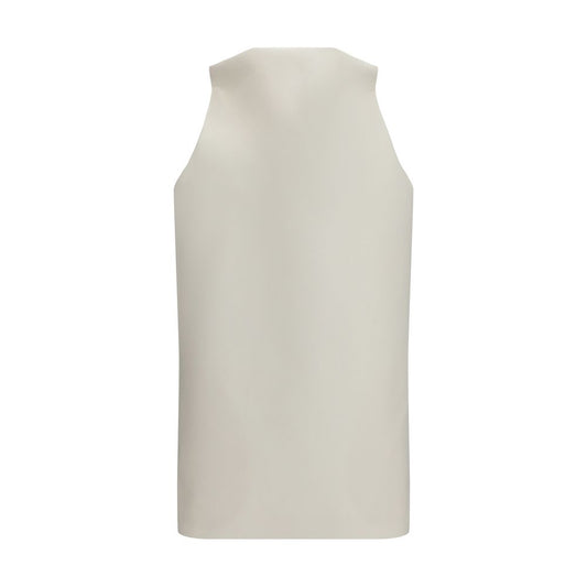 Dress by Balenciaga for women in wool & silk beige & ivory features an eye catching silhouette with a sophisticated v-neck square neckline, elegant sleeveless, and a refined short mini for a eye catching aesthetic.
