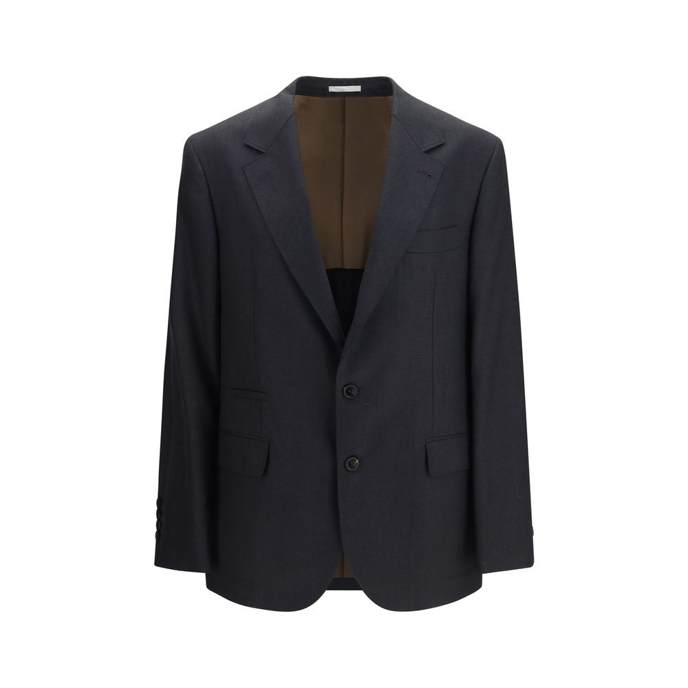 Jacket by Brunello Cucinelli for men in merino wool & cupro black, horn & houndstooth features an utilitarian silhouette with a refined , showcasing sophisticated pockets for an utilitarian aesthetic.