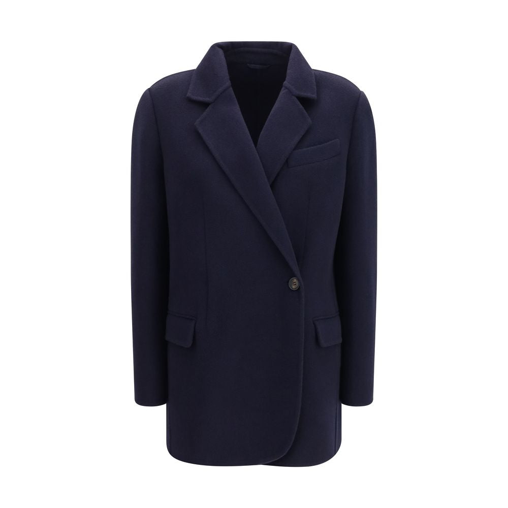 Overcoat by Brunello Cucinelli for women in cashmere & merino wool blue features a contemporary silhouette showcasing a contemporary and refined pockets for a sophisticated finish.