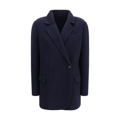Overcoat by Brunello Cucinelli for women in cashmere & merino wool blue features a contemporary silhouette showcasing a contemporary and refined pockets for a sophisticated finish.