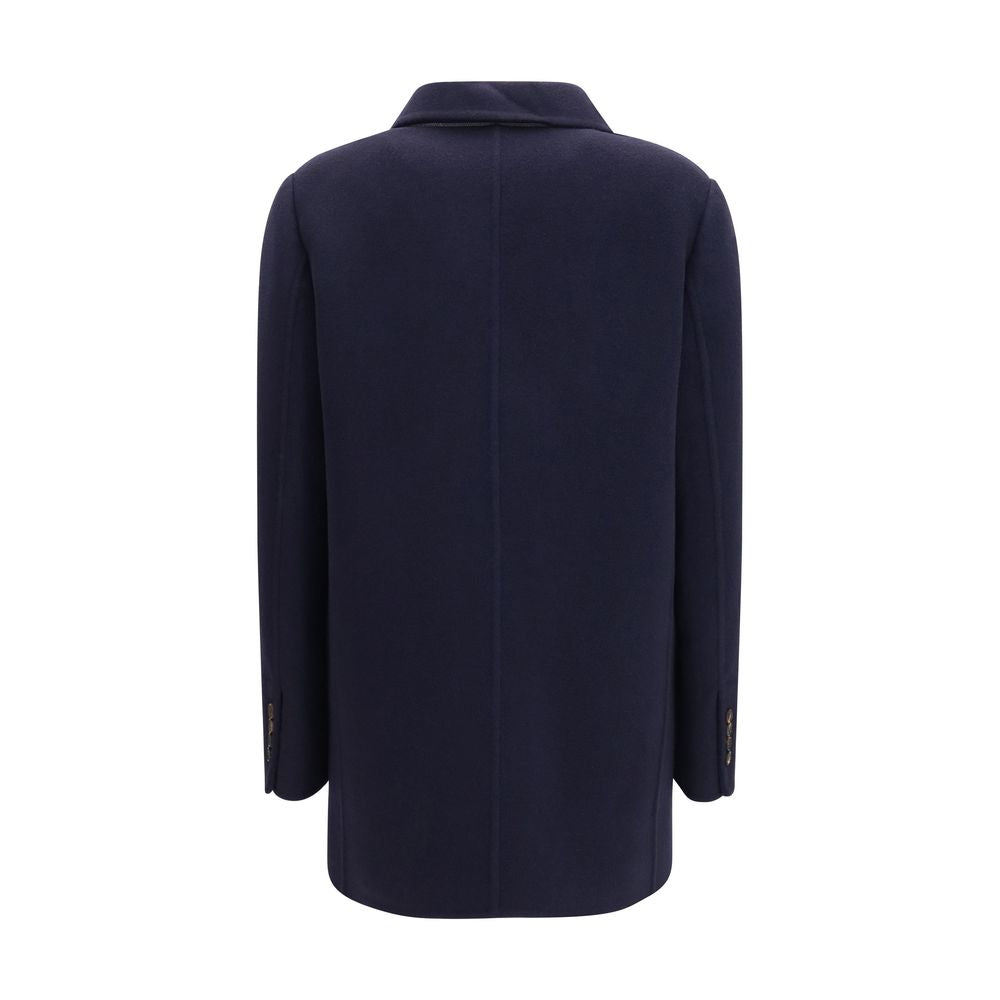 Overcoat by Brunello Cucinelli for women in cashmere & merino wool blue features an voluminous silhouette, showcasing distinct pockets and a voluminous for a truly voluminous aesthetic.