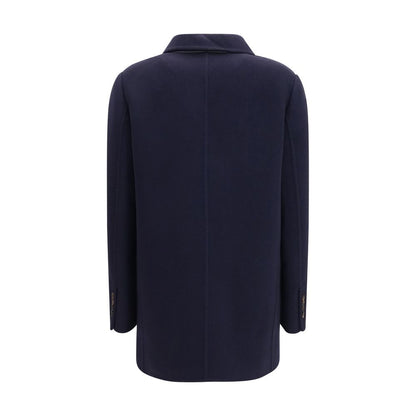 Overcoat by Brunello Cucinelli for women in cashmere & merino wool blue features an voluminous silhouette, showcasing distinct pockets and a voluminous for a truly voluminous aesthetic.