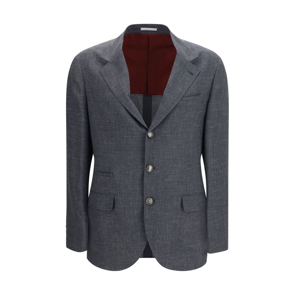Blazer by Brunello Cucinelli for men in merino wool silk & cupro gray & natural features an sartorial silhouette, showcasing a sophisticated lapel notch-lapel neckline and sartorial for a truly sartorial finish.