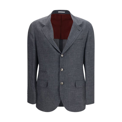 Blazer by Brunello Cucinelli for men in merino wool silk & cupro gray & natural features an sartorial silhouette, showcasing a sophisticated lapel notch-lapel neckline and sartorial for a truly sartorial finish.