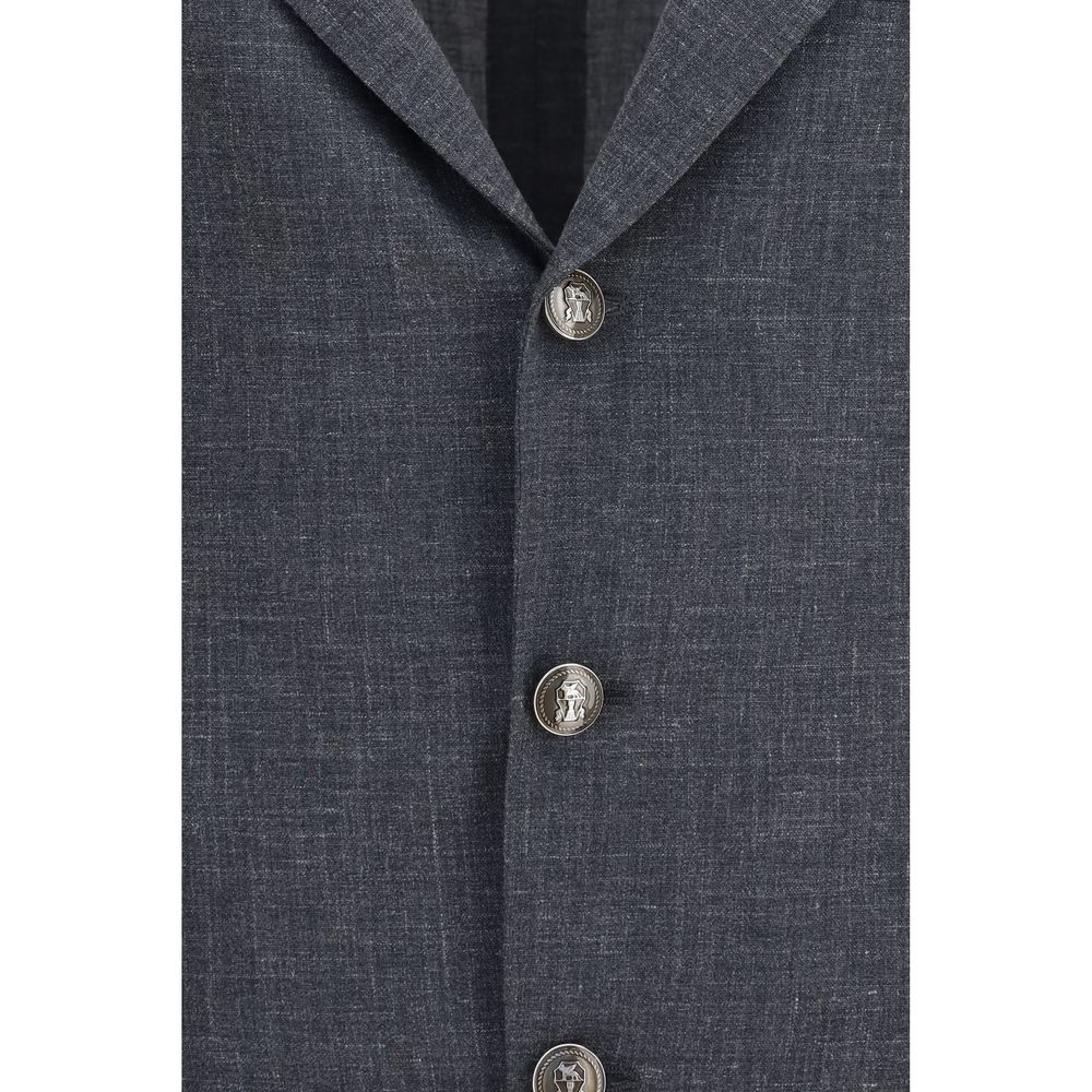 Blazer by Brunello Cucinelli for men in merino wool silk & cupro gray & natural features an stylish silhouette, showcasing a sophisticated lapel notch-lapel neckline and stylish for a truly stylish finish.