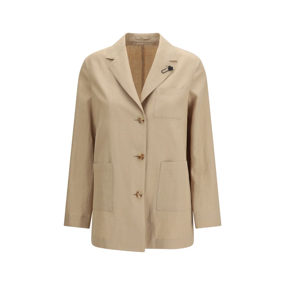 Overcoat by Lardini for women in wool & cotton beige, cream & patterned features an voluminous silhouette, showcasing distinct pockets and a voluminous lapel notch-lapel neckline for a truly voluminous aesthetic.