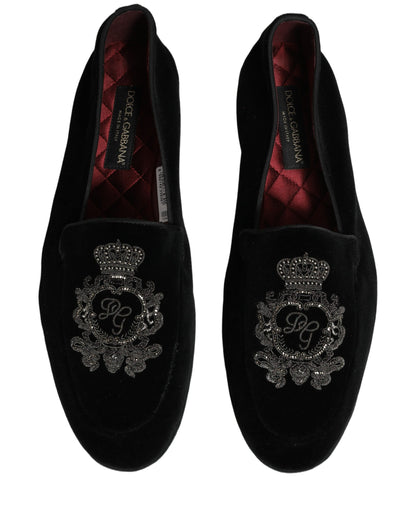 Dolce & Gabbana Black Velvet Crown Embroidery Loafers Shoes