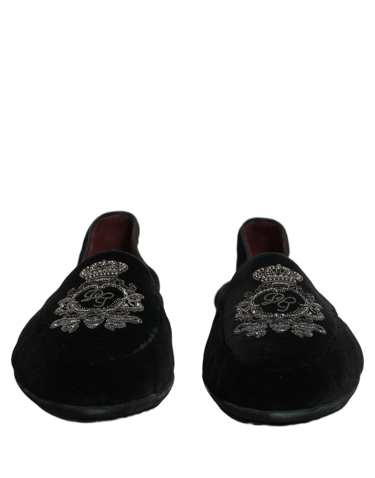 Dolce & Gabbana Black Velvet Crown Embroidery Loafers Shoes