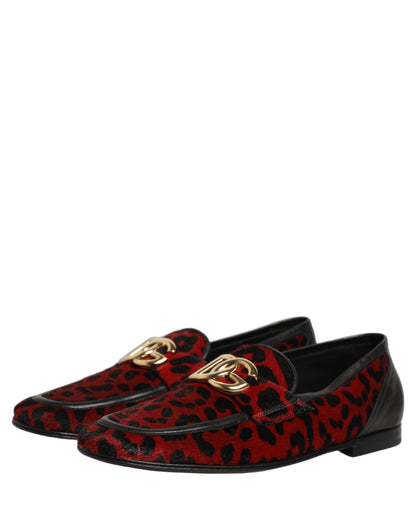 Dolce & Gabbana 9 To 5 Pony Men's Polyester Polyurethane Leather & Fur Loafer Slip-On Shoes - Black Gold Red Leopard Print Patterned Signature Print