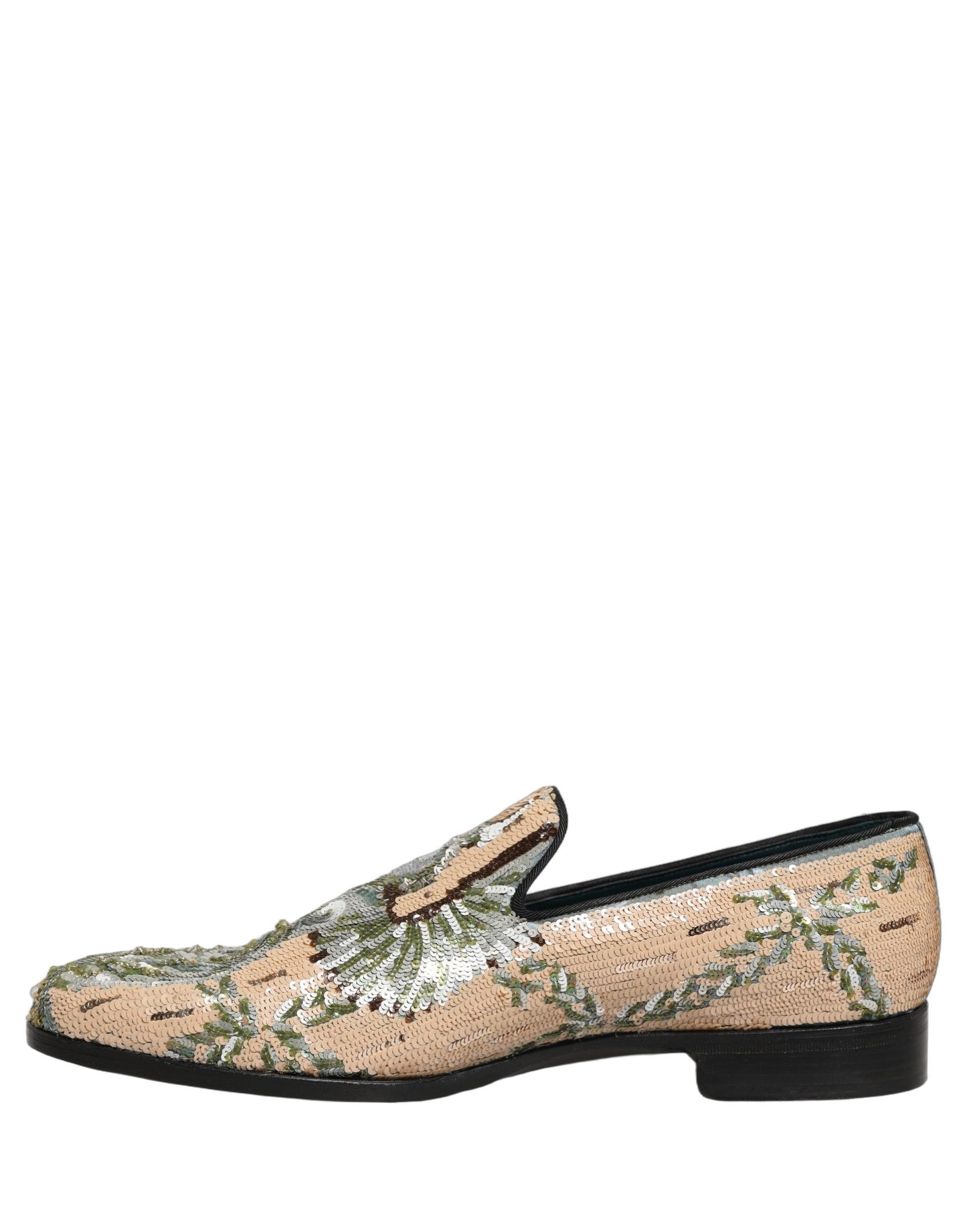 Dolce & Gabbana Beige Sequin Embroidery Dress Loafers Shoes