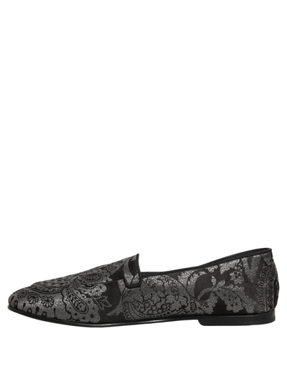 Dolce & Gabbana Silver Jacquard Leather Slip On Loafers Shoes