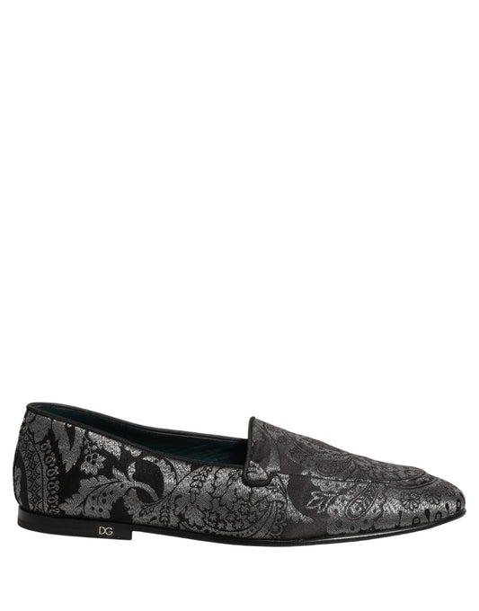 Dolce & Gabbana Silver Jacquard Leather Slip On Loafers Shoes