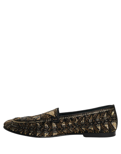 Dolce & Gabbana Black Gold Embellished Slip On Loafers Shoes