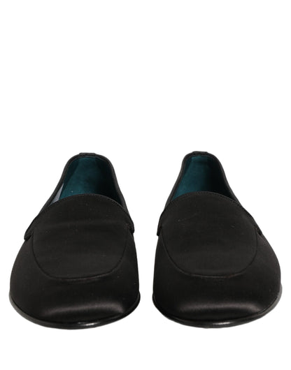 Dolce & Gabbana Black Satin Logo Slip On Flats Loafers Shoes