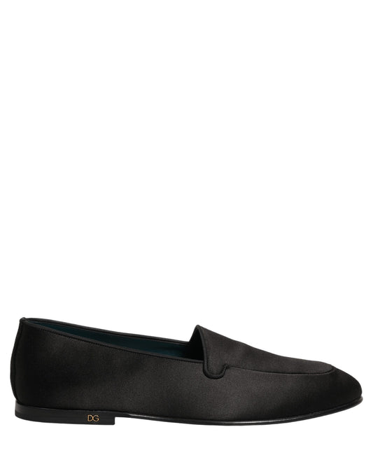 Dolce & Gabbana Black Satin Logo Slip On Flats Loafers Shoes