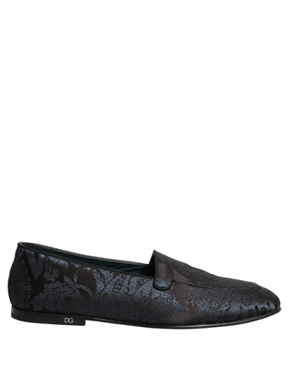 Dolce & Gabbana Silver Jacquard Leather Slip On Loafers Shoes