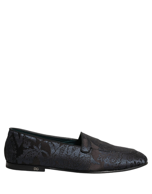 Dolce & Gabbana Blue Jacquard Leather Slip On Loafers Shoes