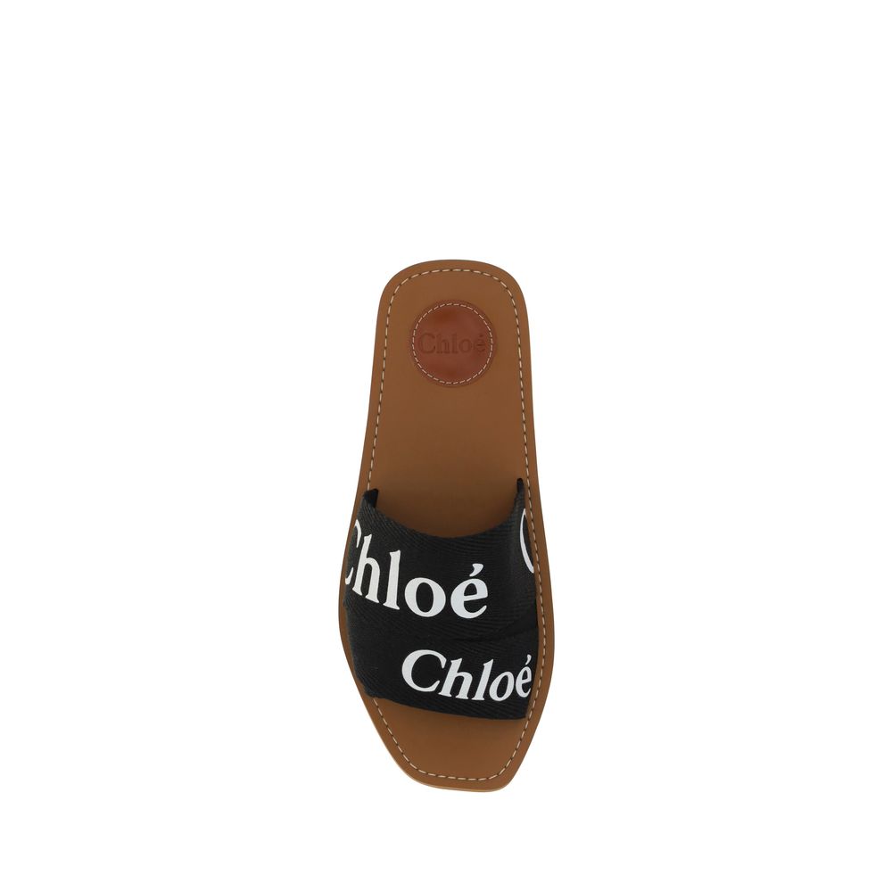 Flat Sandals by Chloé for women in polyester cotton & linen and black & signature presents a captivating silhouette, showcasing the signature style of the Woody Women's Polyester Cotton & Linen Flat Sandals with a captivating flat and captivating square toe style.