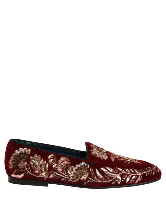 Dolce & Gabbana Red Velvet Floral Embroidery Loafers Shoes
