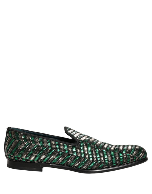 Dolce & Gabbana 9 To 5 Aria Men's Leather & Rhinestone Loafer Slip-On Shoes - Green Silver Signature