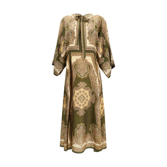 Dress by Zimmermann for women in silk multicolor, paisley & print features an eye catching silhouette with a sophisticated round neckline, elegant long-sleeve, and a refined midi for a eye catching aesthetic.