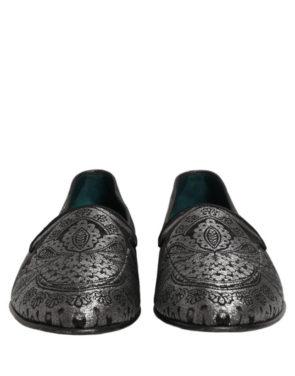 Dolce & Gabbana Silver Jacquard Leather Slip On Loafers Shoes