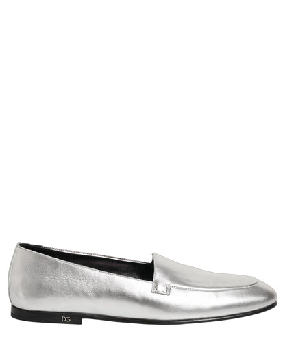 Dolce & Gabbana Silver Leather DG Logo Slip On Loafers Shoes