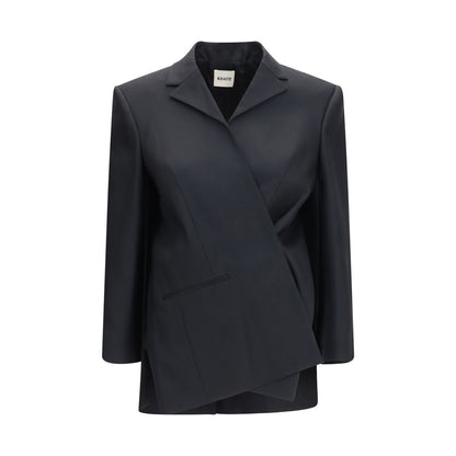 Overcoat by Khaite for women in silk cupro wool twill black showcases a enveloping silhouette, detailed with distinctive and a enveloping wrap neckline.