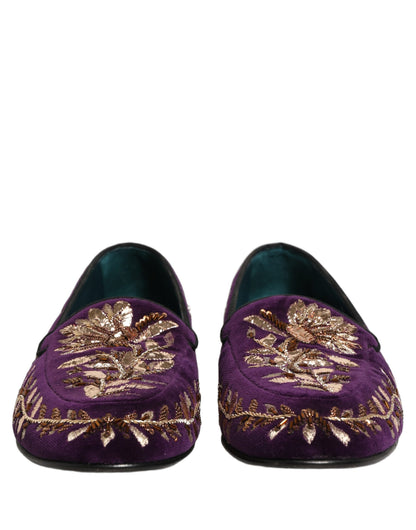 Dolce & Gabbana Violet Velvet Floral Embroidery Loafers Shoes