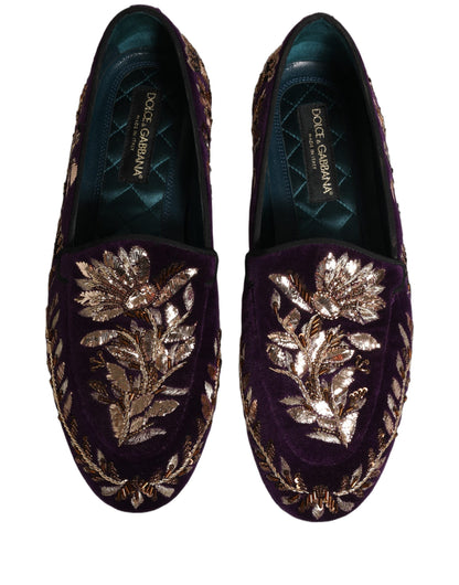 Dolce & Gabbana Violet Velvet Floral Embroidery Loafers Shoes