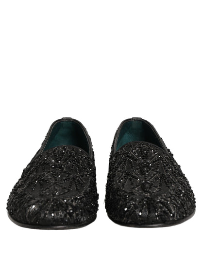 Dolce & Gabbana Black Velvet Embroidered Dress Loafers Shoes
