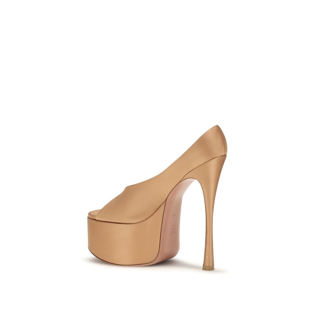 High-Heel Platform Stiletto Pumps Heels by Amina Muaddi for women in silk beige showcases a exquisite silhouette, perfectly accentuating Women's Silk High-Heel Platform Stiletto Pumps Heels with a exquisite stiletto high-heel platform and exquisite open toe style.