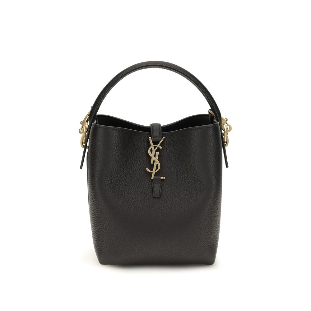 Mini Shoulder Bucket Bag by Saint Laurent for women in bos taurus calf grained & suede leather black & signature features a effortless chic silhouette with a secure hook, ample , and versatile shoulder-strap, handle & adjustable-strap for a effortless chic finish.