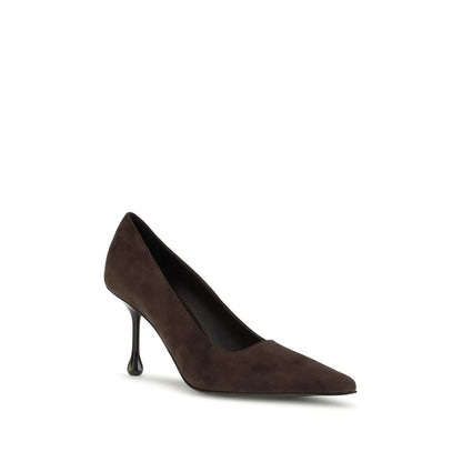 High-Heel Pumps Heels by Jimmy Choo for women in bos taurus calf & goatskin suede leather brown features an captivating silhouette, showcasing the elegant Women's Bos Taurus Calf & Goatskin Suede Leather High-Heel Pumps Heels design with a high-heel and a sophisticated pointed toe style.