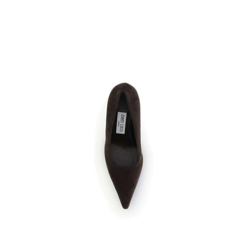 High-Heel Pumps Heels by Jimmy Choo for women in bos taurus calf & goatskin suede leather brown features an captivating silhouette, showcasing the elegant Women's Bos Taurus Calf & Goatskin Suede Leather High-Heel Pumps Heels design with a high-heel and a sophisticated pointed toe style.