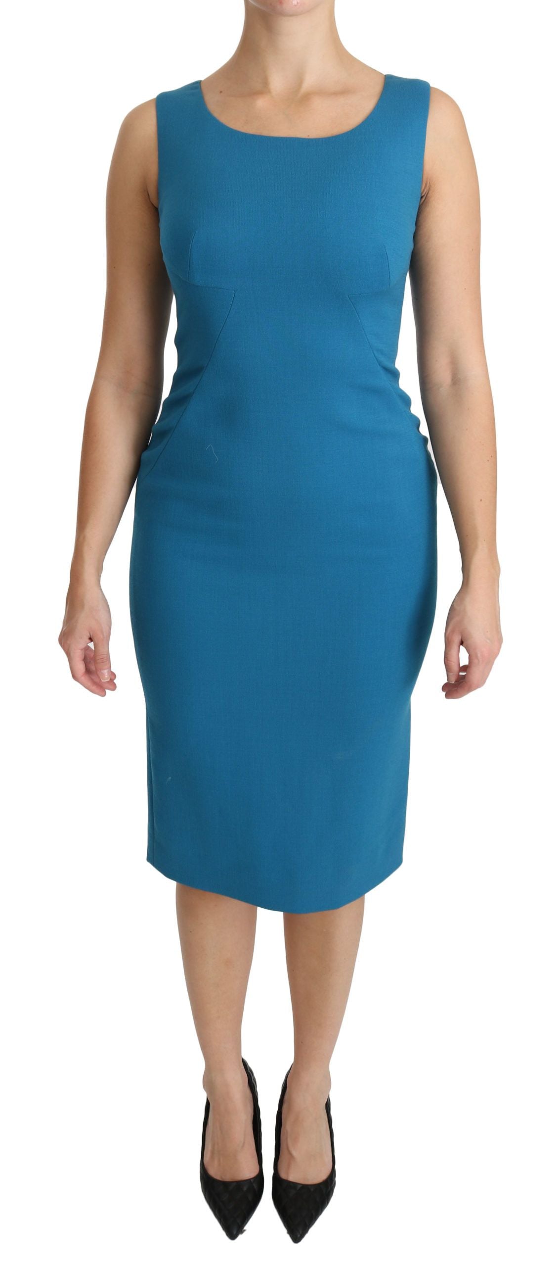 Dress by Dolce & Gabbana for women in virgin wool & silk beige & blue features a dramatic silhouette, showcasing an elegant and sleeveless that flows into a dramatic midi knee.