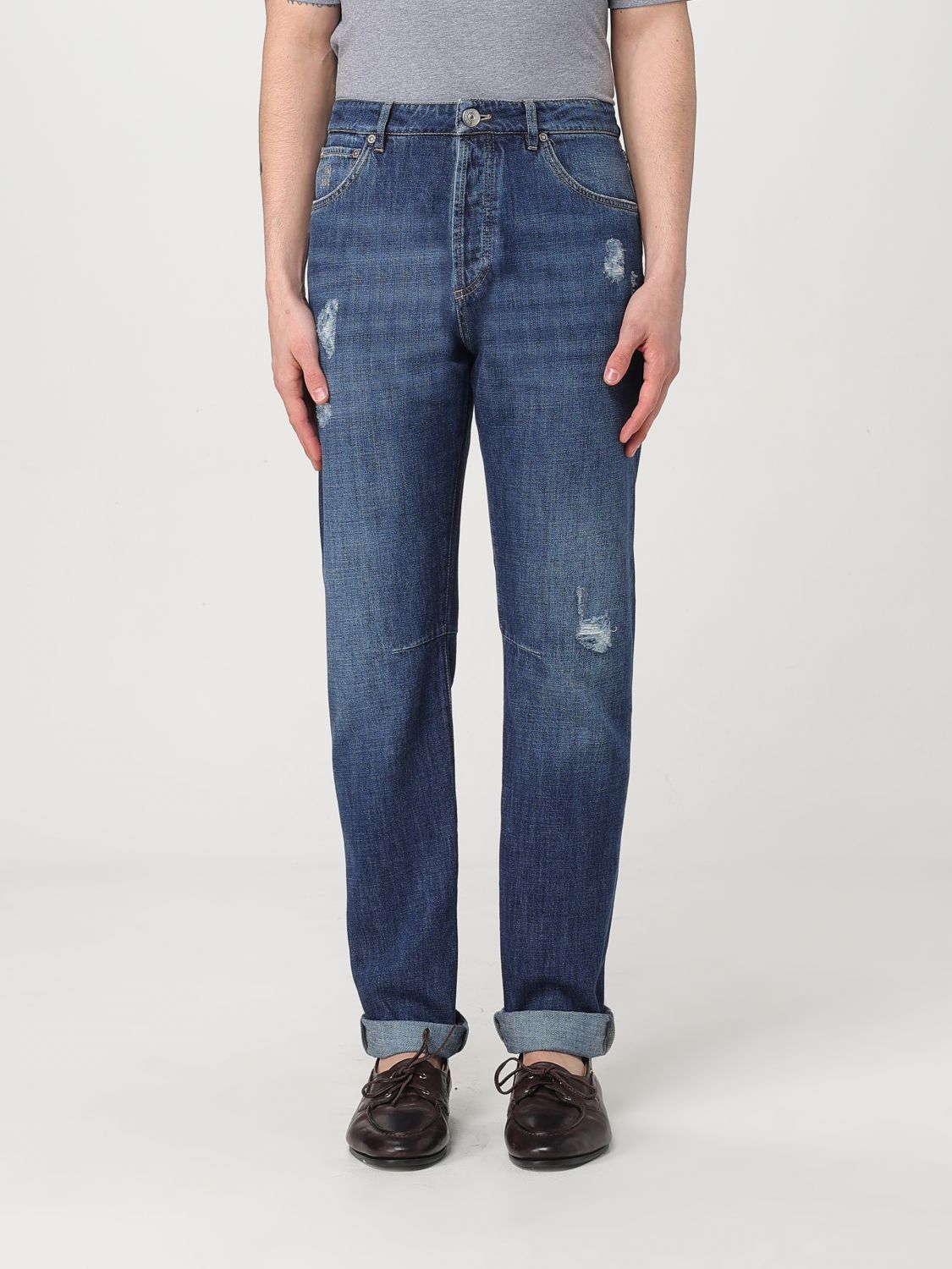 Jeans by Brunello Cucinelli for men in denim cotton blue presents a tailored silhouette, showcasing a tailored straight-leg & regular-fit and long cut with a refined for a truly tailored aesthetic.