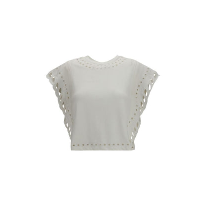 T-Shirt by Isabel Marant Étoile for women in cotton white & toile showcases a fashionable silhouette, elegantly detailed with a fashionable short-sleeve and round neckline for a sophisticated, high-fashion look.