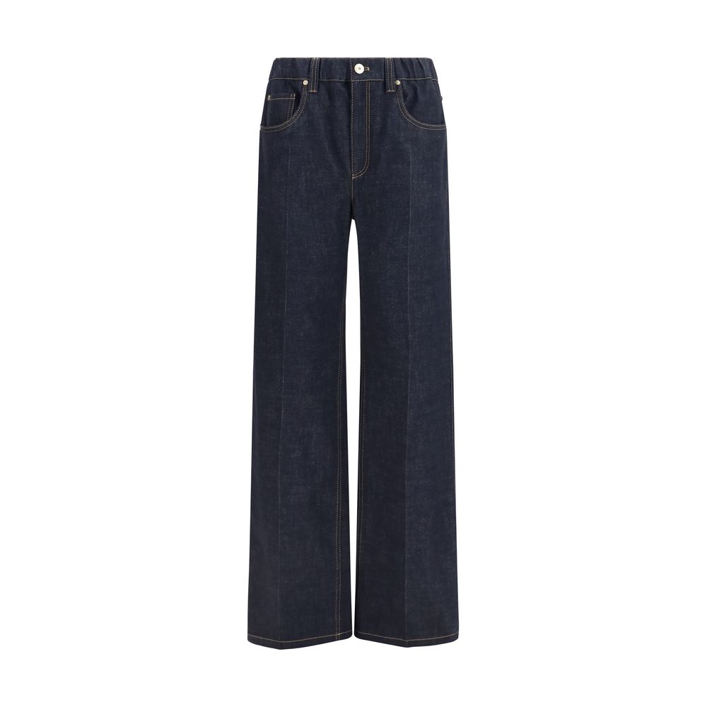 Palazzo Pants by Brunello Cucinelli for women in denim cotton blue features a polished silhouette with a polished regular-fit & wide, reaching a polished long and finished with a polished .