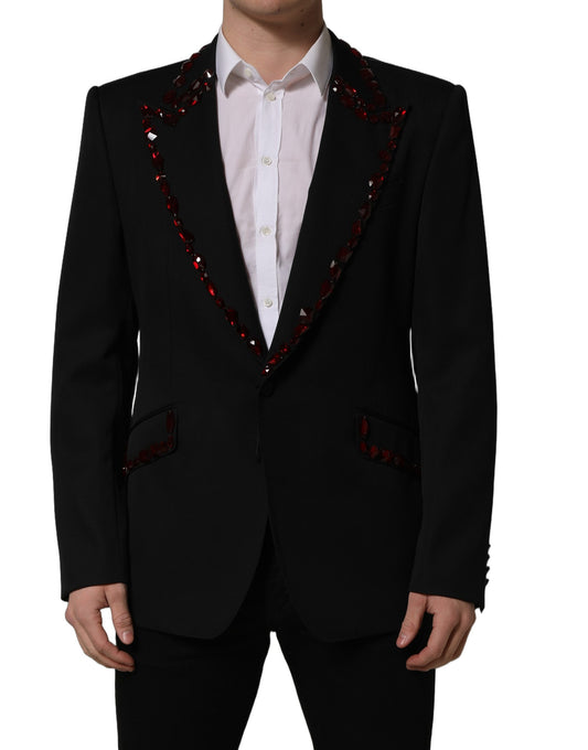 This Blazer by Dolce & Gabbana for men in virgin wool viscose polyester & crystal black & red presents a tailored silhouette, meticulously tailored with a tailored wrap single-breasted neckline and distinctive for a tailored finish.
